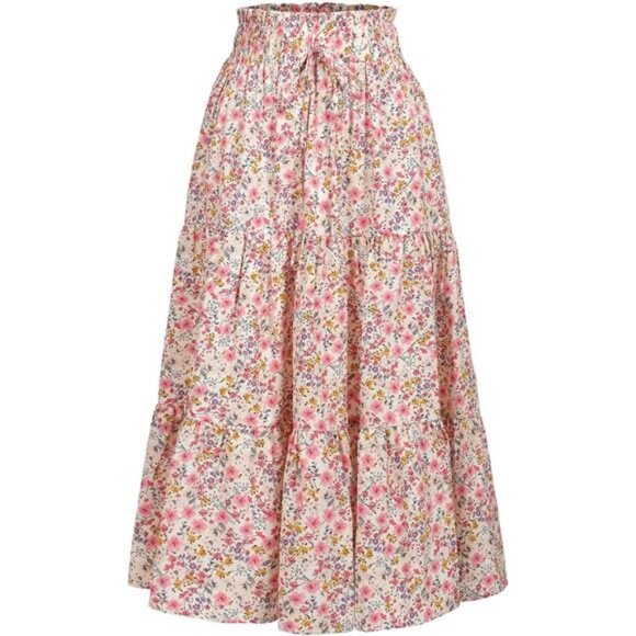 Women's High Elastic Waist Midi Skirt Floral Pink - Picture 1 of 5
